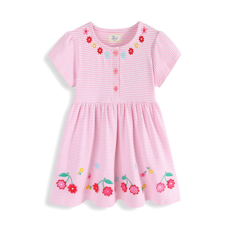 Damen niedliches, gestreiftes Sommerkleid mit Blumenstickerei Drune