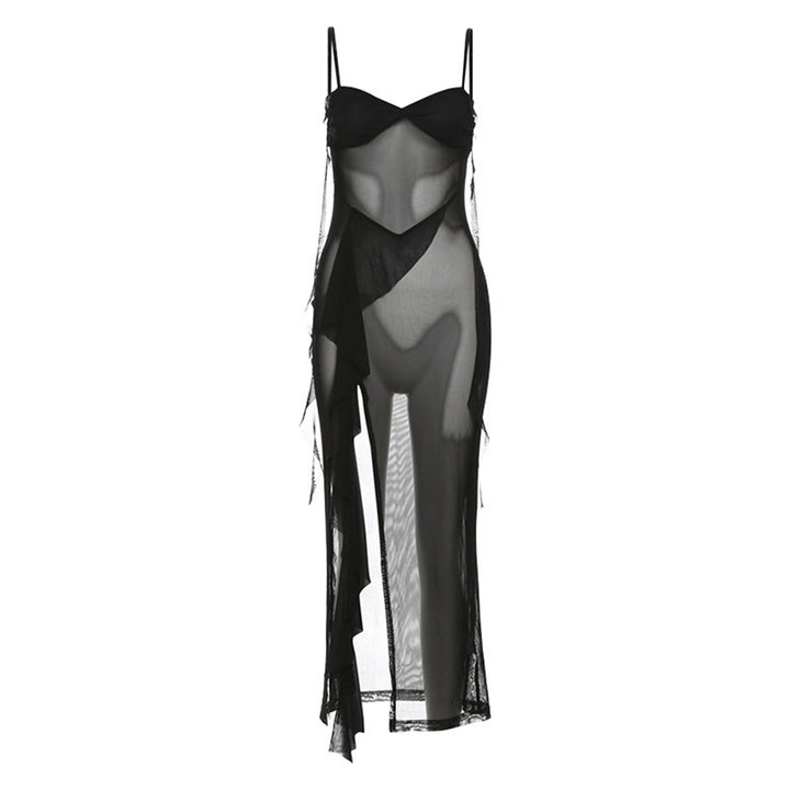 Damen Transparente Maxikleid mit asymmetrischen Fransen Drune