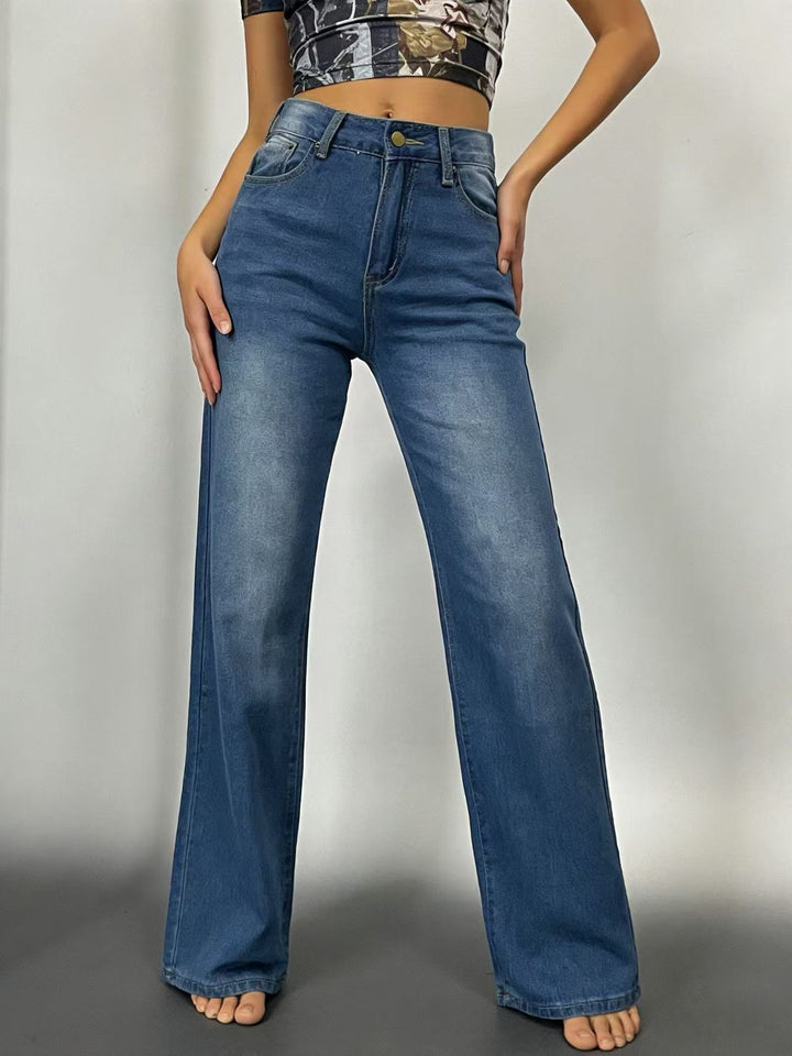 Damen nan hochgeschnittene Jeans mit schmaler Hüftpassform und weitem Schlag im Retro-Stil Drune