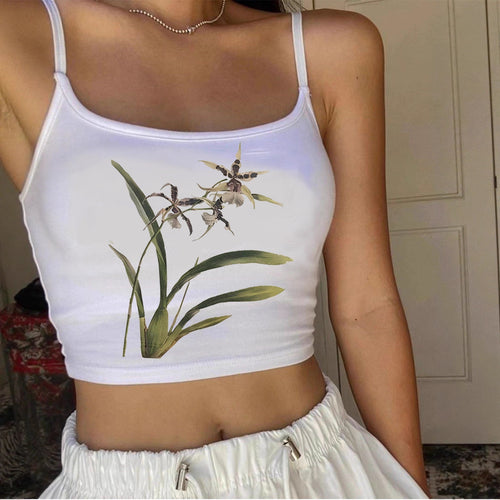 Damen Crop-Top mit floralem Design und schmalen Trägern Drune