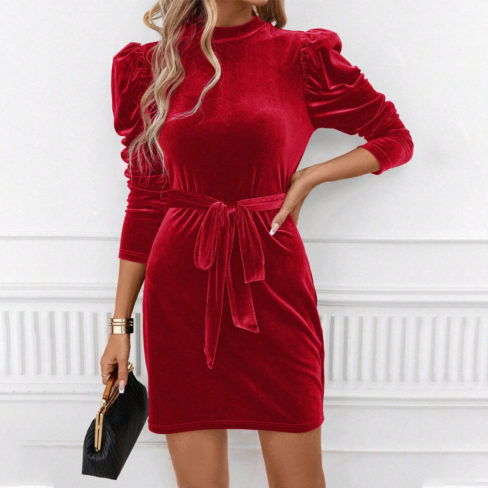 Damen elegantes Samtminikleid mit Schleifenbund und raffinierten Puffärmeln Drune