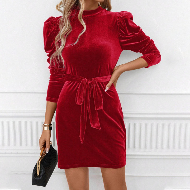 Damen elegantes Samtminikleid mit Schleifenbund und raffinierten Puffärmeln Drune