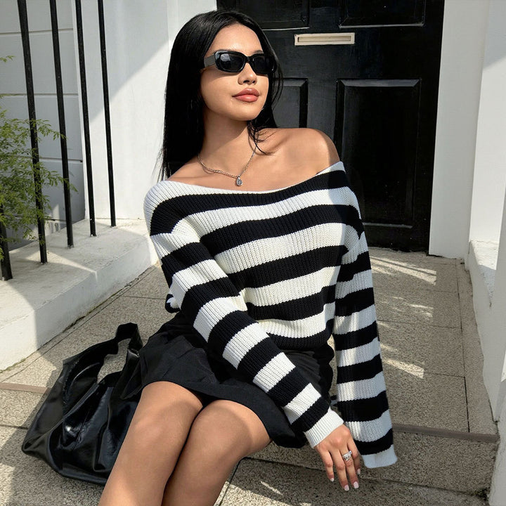 Damen lässiger Oversized-Pullover mit Streifenmuster Drune