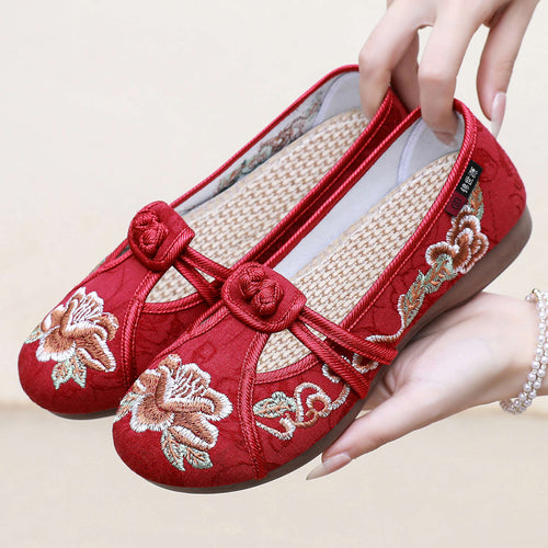 Damen nan bestickte Mary-Jane Slipper mit chinesischem Knotenverschluss und orthopädischer Komfortsohle Drune