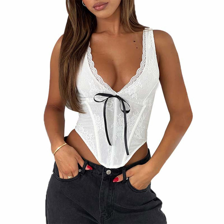 Damen Spitzen-Bustier mit elegantem V-Ausschnitt und dekorativem Schleifendetail Drune