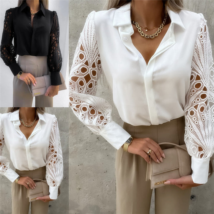 Damen Bluse mit voluminösen Spitzenärmel und elegantem Kragen Drune