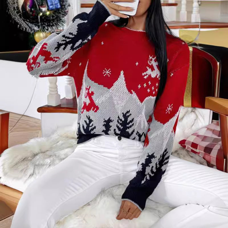 Damen festlicher Strickpullover mit winterlichem Landschaftsdesign Drune