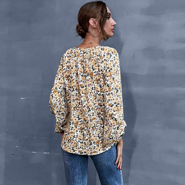 Damen Bluse mit floralen Mustern und gerafften Ärmeln Drune