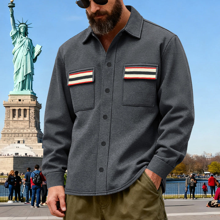 Herren nan Overshirt aus gewalktem Sweat mit aufgesetzten Brusttaschen und Retro-Streifen Drune