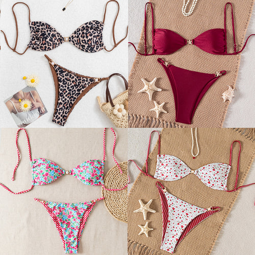 Damen Bikini-Set mit raffiniertem Leopardenmuster und eleganten Perlendetails Drune