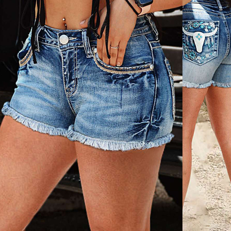 Damen Jeans-Shorts mit floralen Details und ausgefransten Säumen Drune