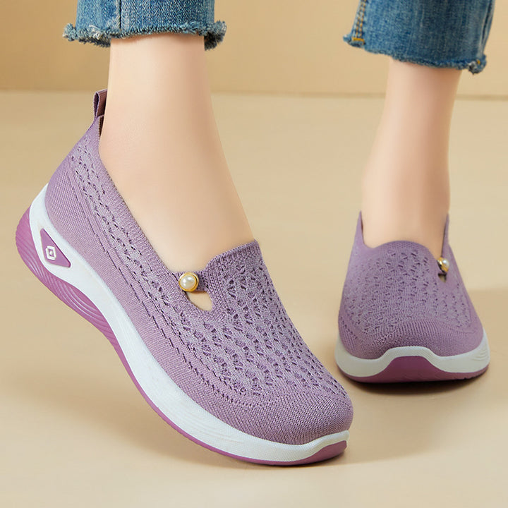 Damen nan atmungsaktive gestrickte Slip-On Slipper mit Perlenapplikation und stoßdämpfender EVA-Sohle Drune