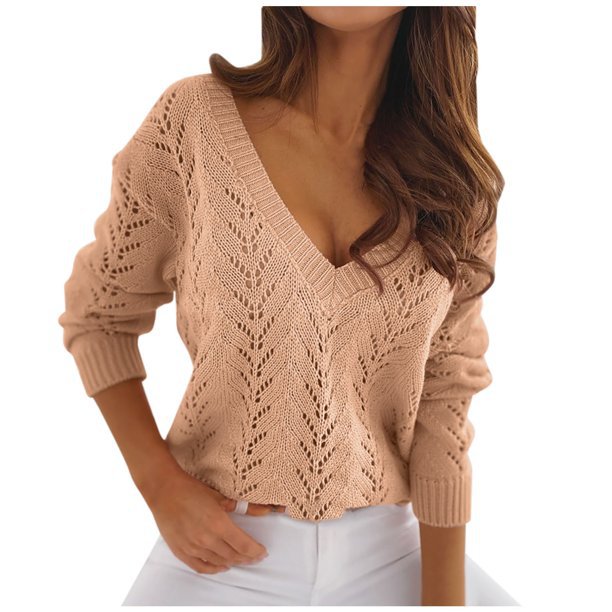 Damen V-Ausschnitt Strickpullover mit romantischem Zopfmuster Drune