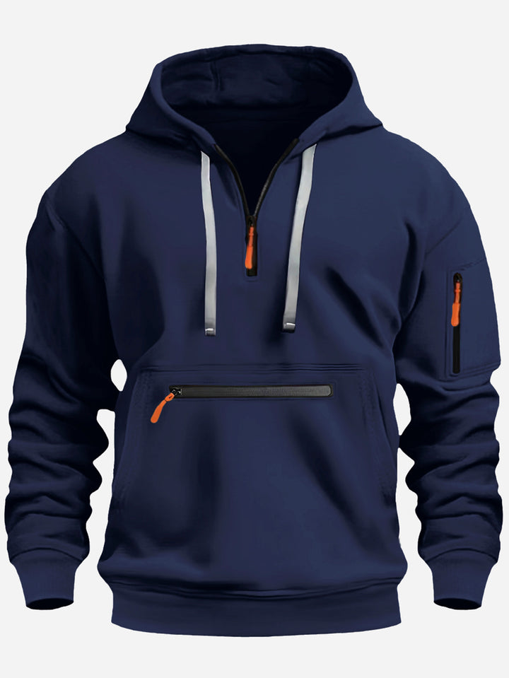 Herren nan technischer Halbzip Kapuzenpullover mit frontaler Reißverschlusstasche und Ärmel-Tasche Drune