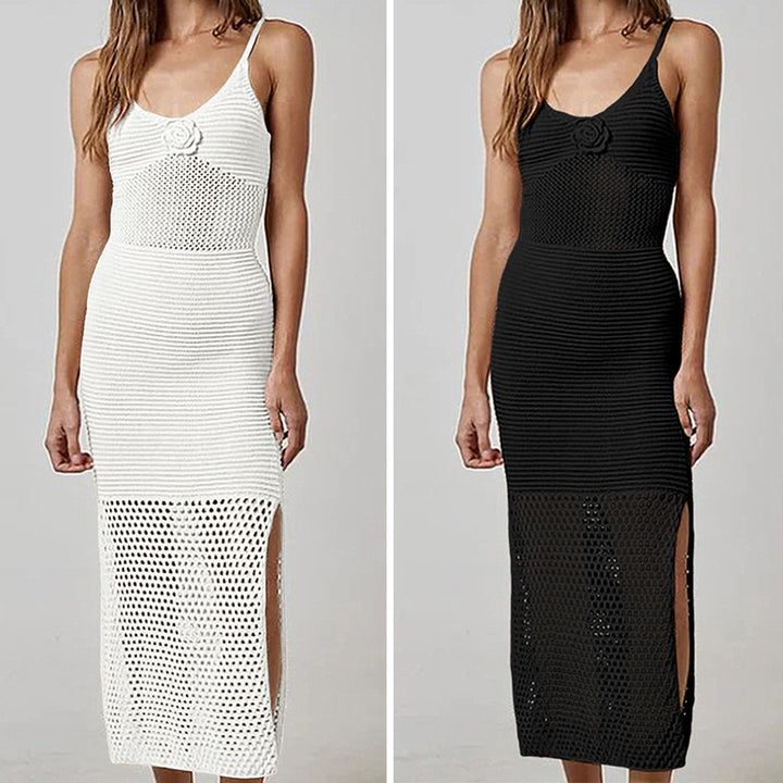 Damen Häkel-Strandkleid mit durchbrochenem Design und tiefem Schlitz Drune