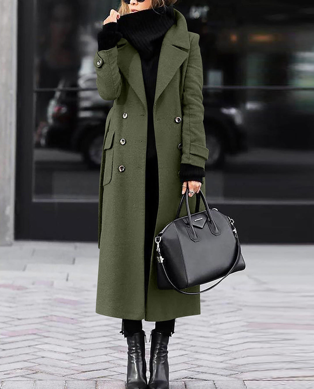 Damen nan eleganter Maxi-Wollmixmantel mit doppelreihiger Knopfleiste, weitem Reverskragen und aufgesetzten Taschenklappen Drune