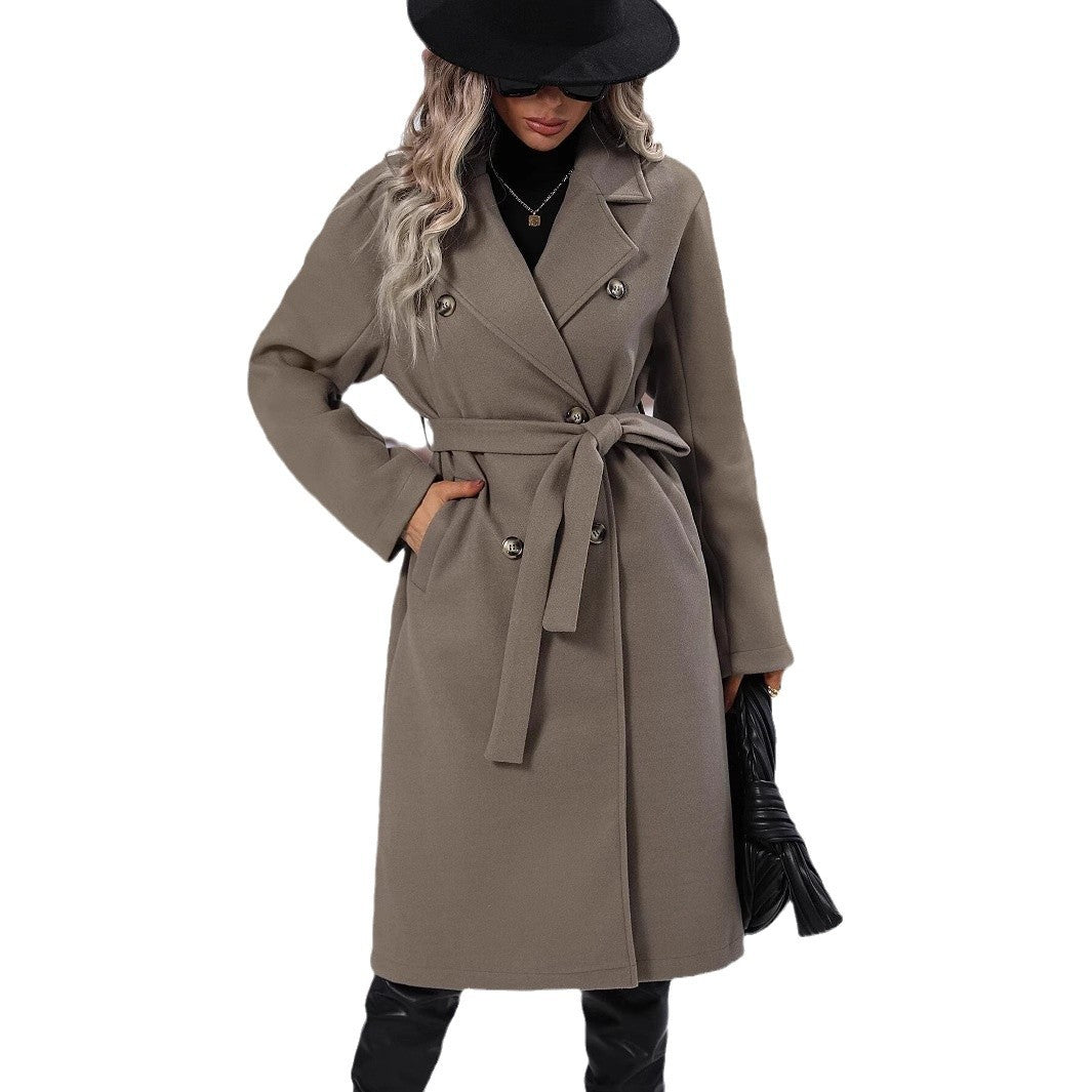 Damen Eleganter Trenchcoat mit Taillengürtel und doppelt gelegten Knöpfen Drune