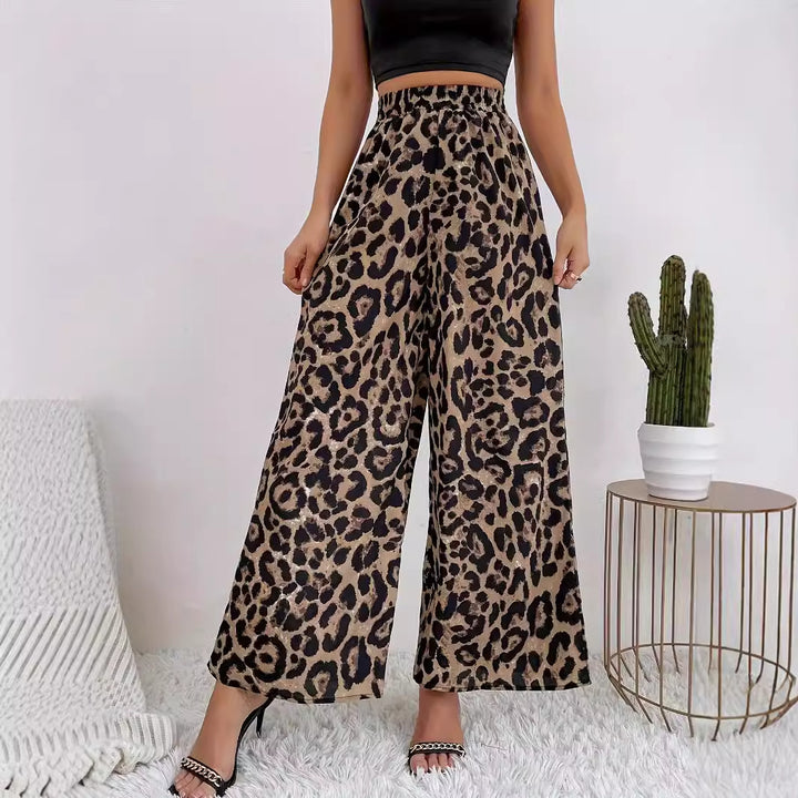 Damen Weite Leopard-Hosen aus fließendem Material mit elastischem Bund Drune