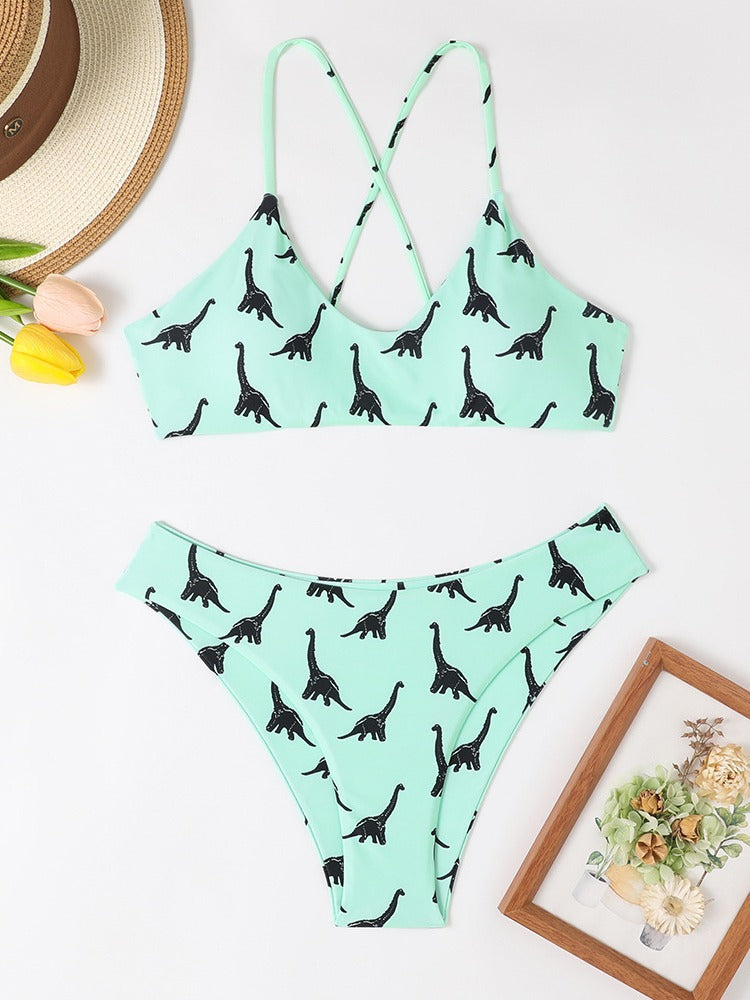 Damen Triangel-Bikini mit verspieltem Dinosaurier-Muster und verstellbaren Trägern Drune