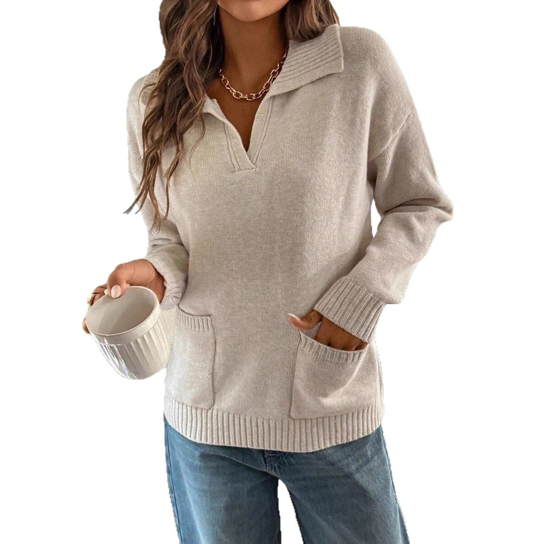 Damen kuscheliger Pullover mit Reverskragen und aufgesetzten Taschen Drune