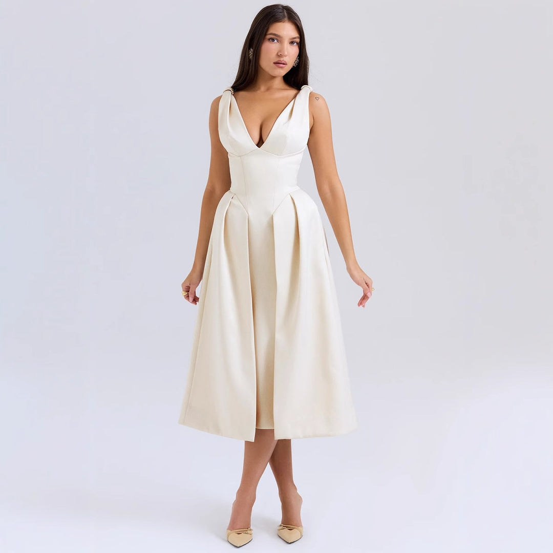 Damen Maxikleid mit elegantem V-Ausschnitt und strukturiertem Rock Drune