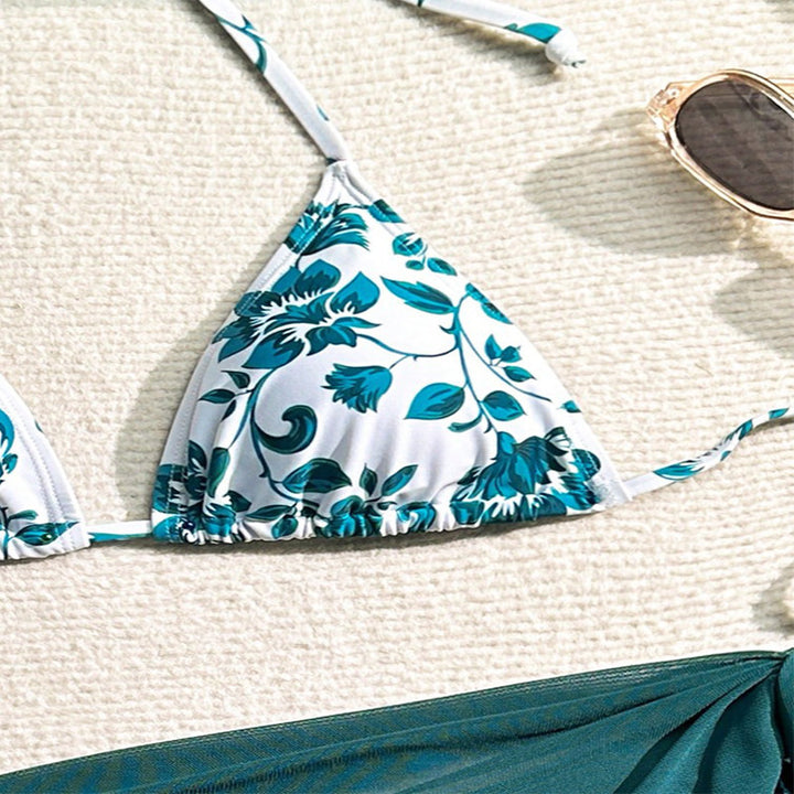 Damen Triangel-Bikini-Set mit floralem Muster und passendem Wickelrock Drune