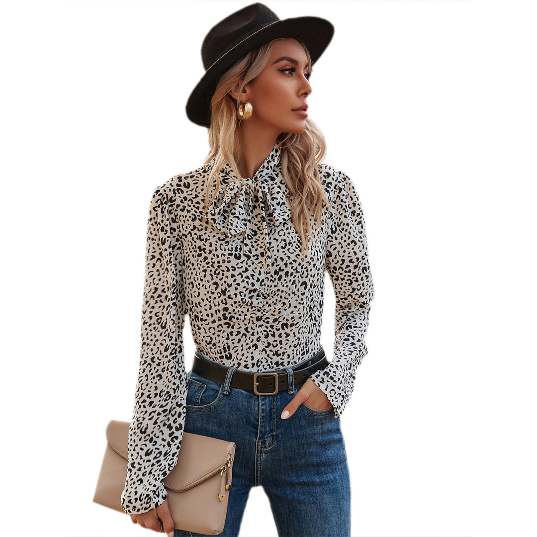 Damen elegante Bluse mit Rüschendetails und edlem Leopardenmuster Drune