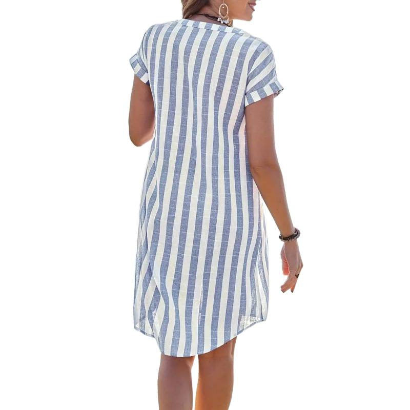 Damen Freizeitleinenhemdkleid mit gestreiftem Muster und schickem Kragen Drune
