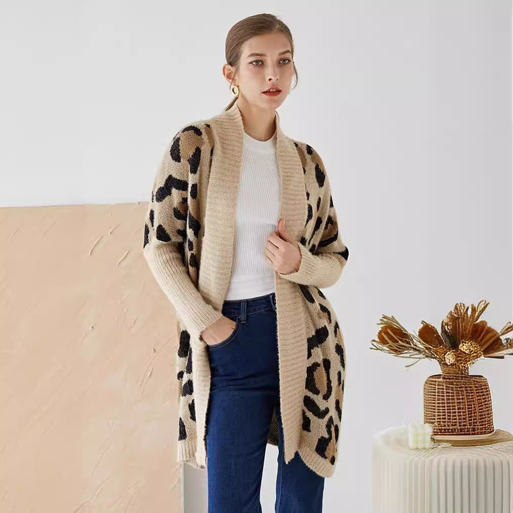 Damen Leichte Strickjacke mit modernem Leopardenmuster und offener Front Drune