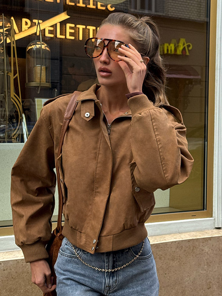Damen lässige Kurzjacke mit voluminösen Ärmeln und Reißverschluss Drune
