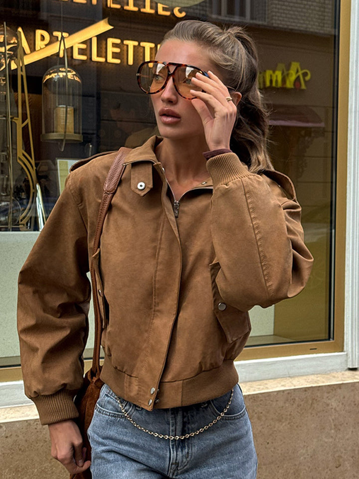 Damen lässige Kurzjacke mit voluminösen Ärmeln und Reißverschluss Drune
