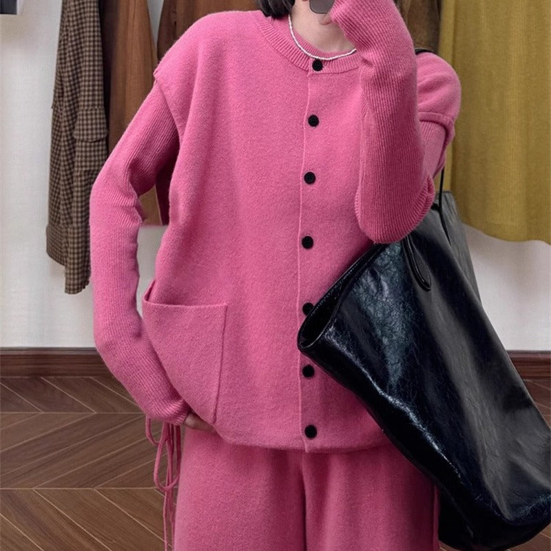 Damen gemütlicher Strickblazer mit Knopfverschluss und Taschen Drune