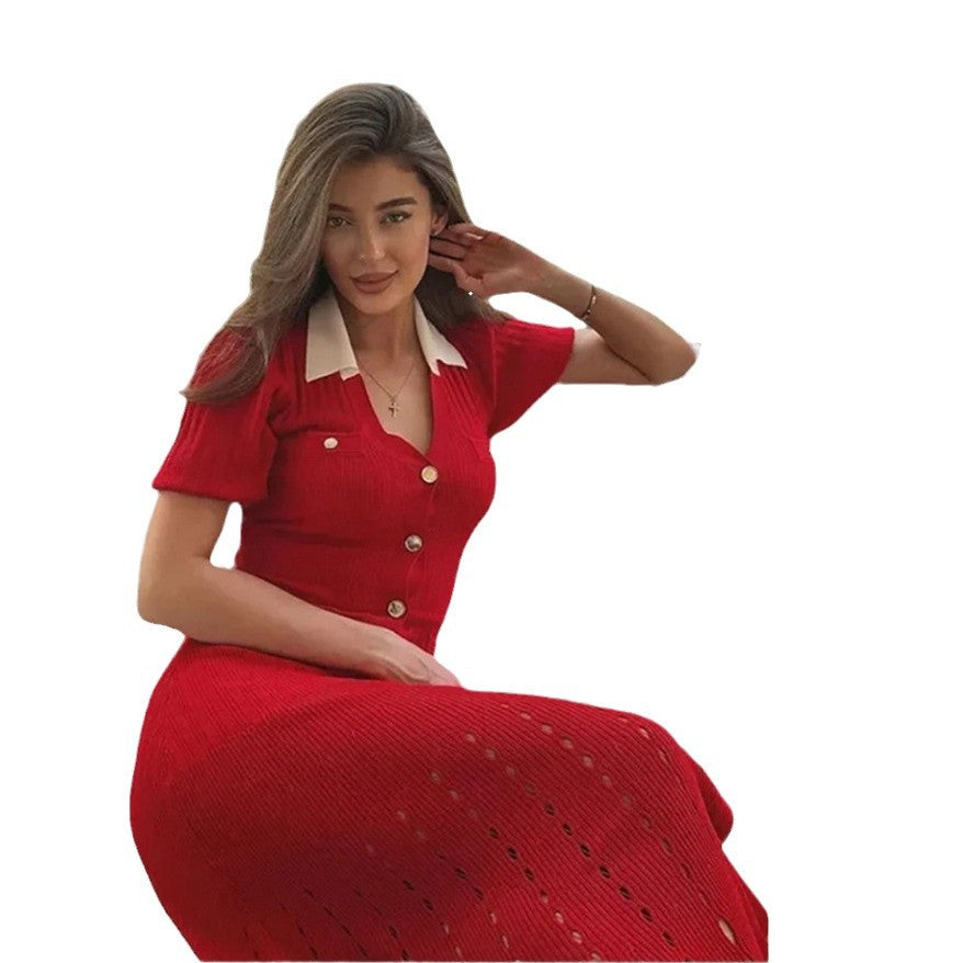Damen Midi-Kleid mit Knopfleiste und kontrastierendem Kragen Drune
