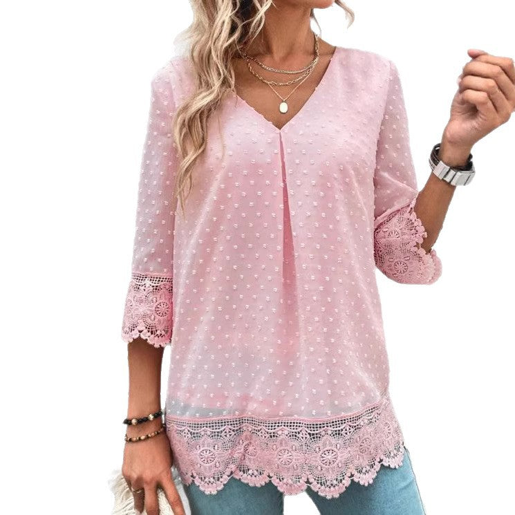 Damen nan feminine Chiffon-Tunika mit Pünktchenrelief, V-Ausschnitt und Häkelspitzenbesatz Drune