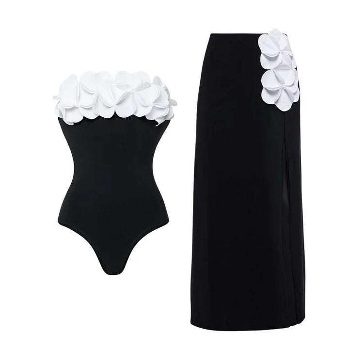 Damen Schwimmanzug mit asymmetrischem Schnitt und floralen Applikationen Drune