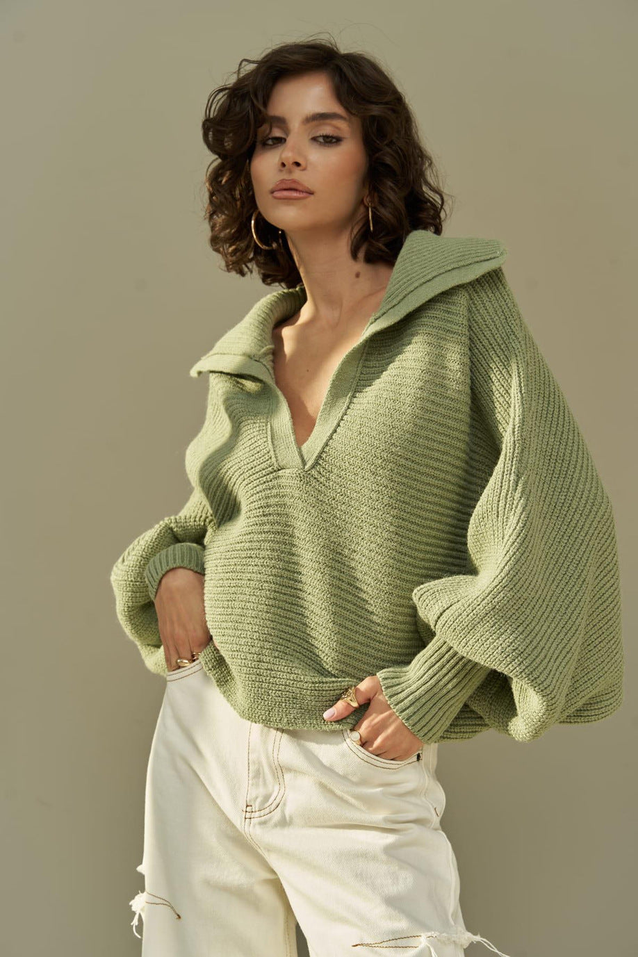 Damen lässiger Strickpullover mit oversized Kragen Drune