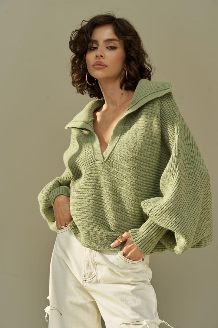 Damen lässiger Strickpullover mit oversized Kragen Drune