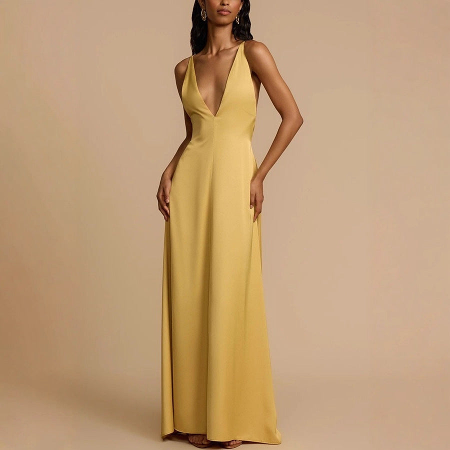 Damen Elegantes Maxikleid mit tiefem V-Ausschnitt und fließendem Schnitt Drune