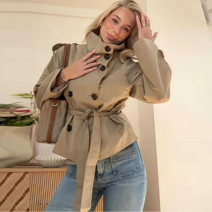 Damen modische Trenchjacke mit tailliertem Schnitt und hohem Kragen Drune
