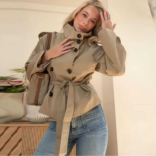Damen modische Trenchjacke mit tailliertem Schnitt und hohem Kragen Drune
