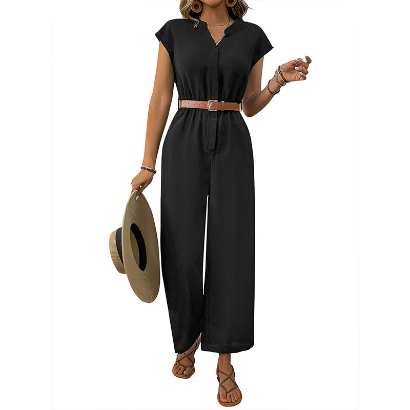 Damen Jumpsuit mit elegantem Taillengürtel und modernem V-Ausschnitt Drune