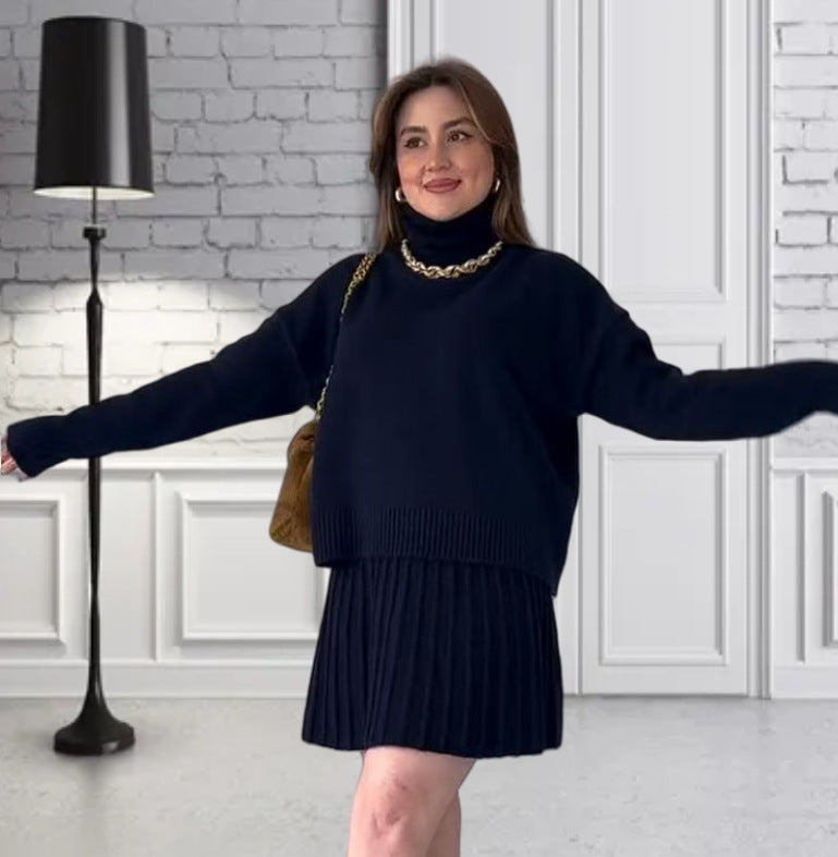 Damen Oversized Strickpullover mit hochwertiger Rippstruktur und passendem Minirock Drune