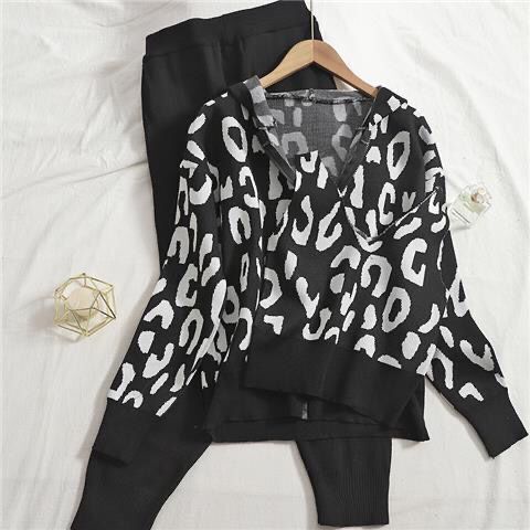 Damen lässiges Hoodie- und Jogginganzug-Set mit Leopardenmuster Drune