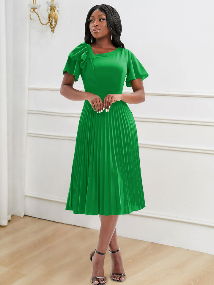Damen Plissee-Kleid mit asymmetrischem Schnitt und eleganter Rüsche Drune