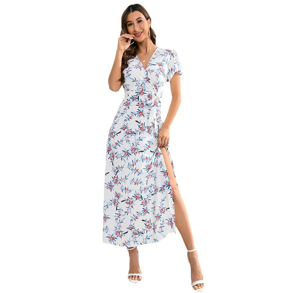 Damen Maxi-Kleid mit floralem Muster und Taillengürtel Drune