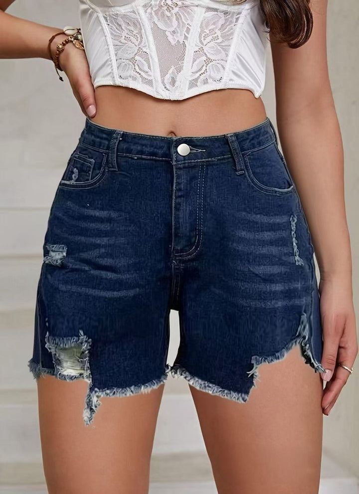 Damen lässige Destroyed Jeansshorts mit hohem Bund und fransigen Abschlüssen Drune