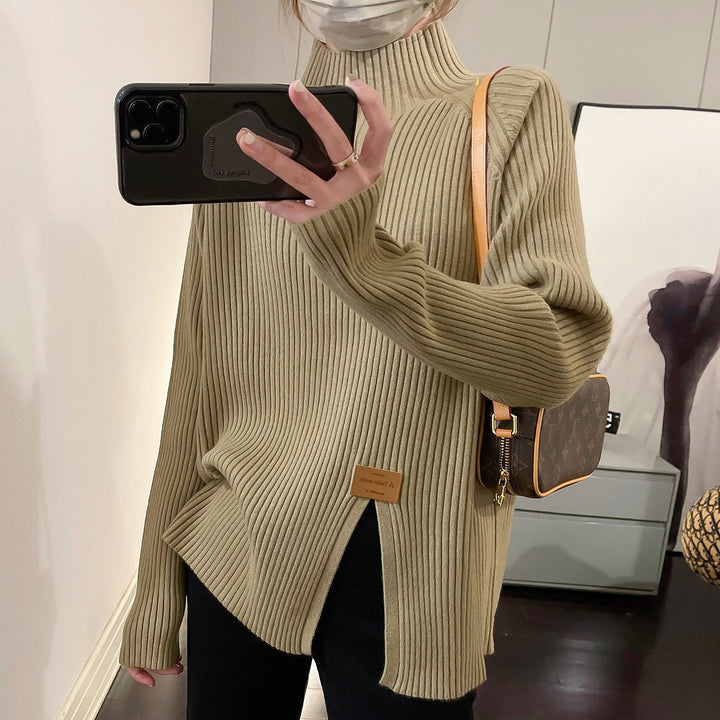 Damen Moderner Rippstrickpullover mit hohem Kragen und asymmetrischem Schnitt Drune