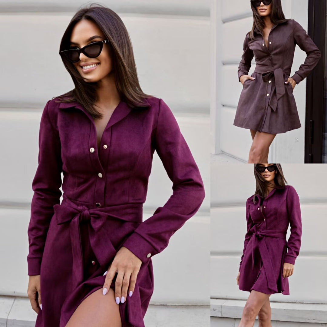 Damen Hemdkleid mit Taillengürtel und eleganter Knopfleiste Drune