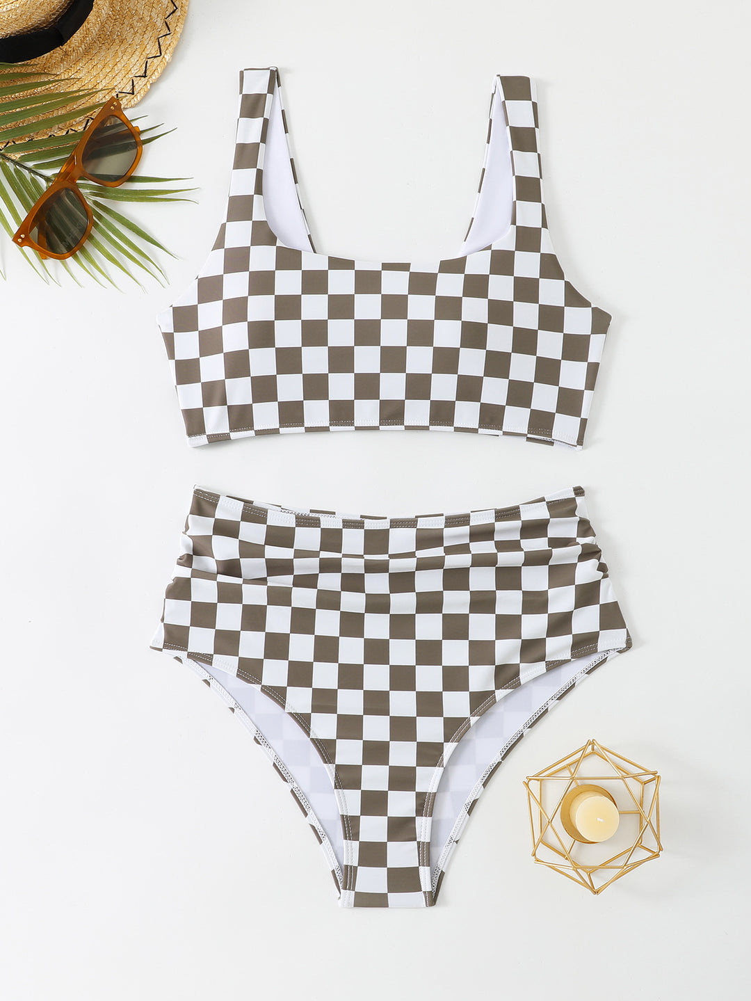 Damen Bikini-Set mit modischem Karomuster und hohem Bund Drune