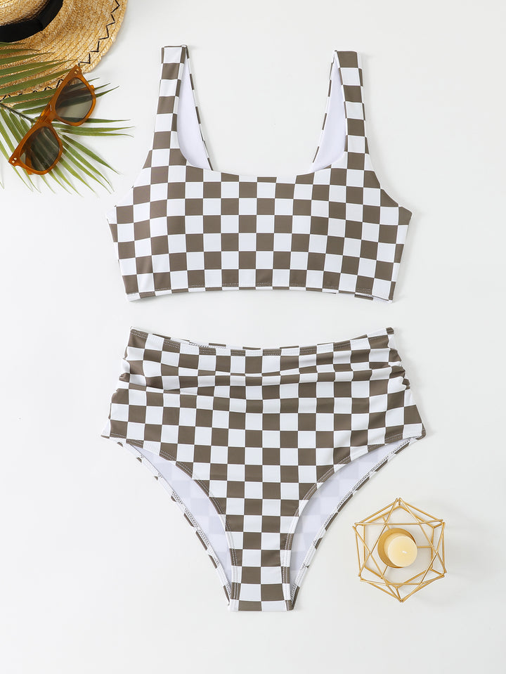 Damen Bikini-Set mit modischem Karomuster und hohem Bund Drune
